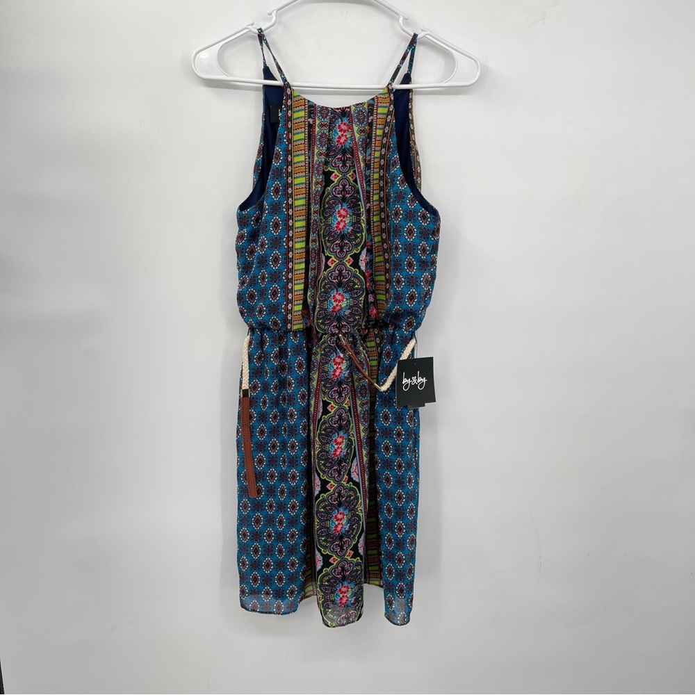 By & By Medium Mini Dress Women Blue Paisley Print Sheer Belted 1108Q45‎